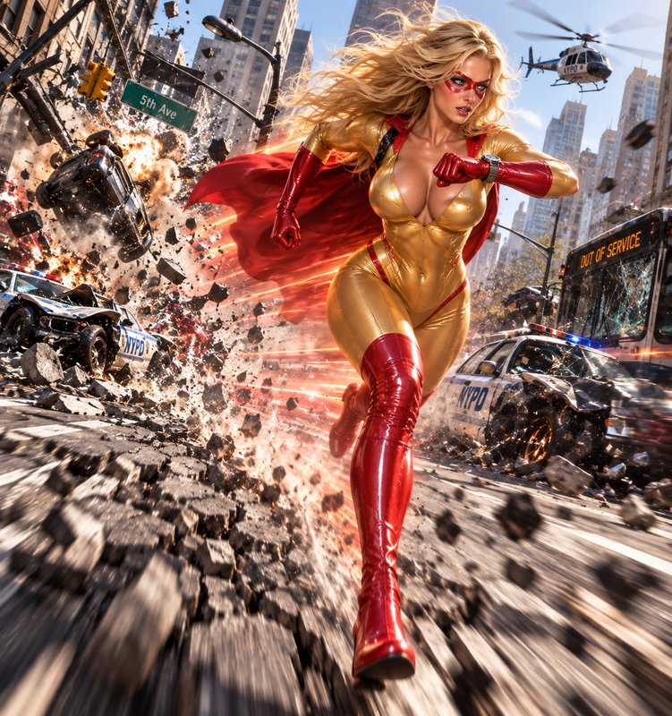 Superheroine in gold suit and red cape runs at super speed through a destroyed 5th Avenue city street
