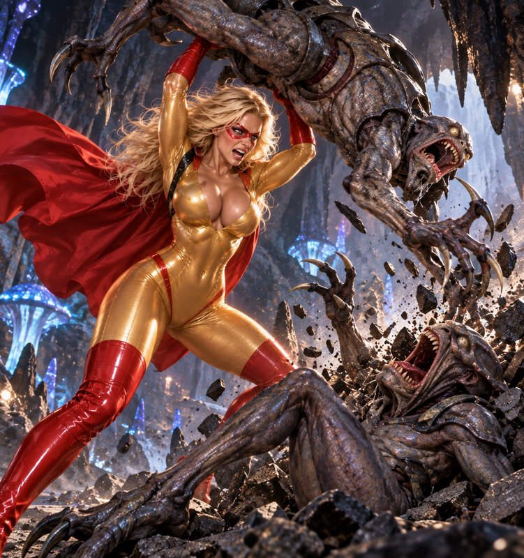 Powerful blonde superhero lifts an alien monster while fighting other creatures in a glowing cave