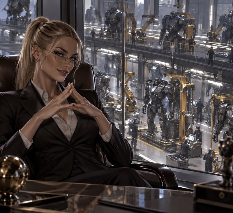 Confident female executive sits in her office overlooking a sprawling mech manufacturing factory floor