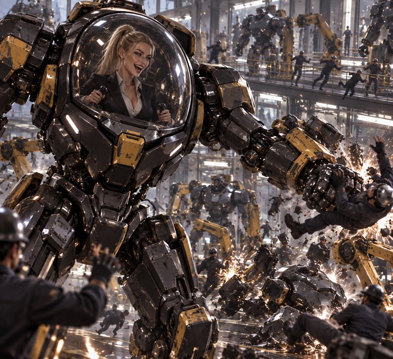 Laughing blonde businesswoman piloting a giant mech causing chaos inside a robot factory