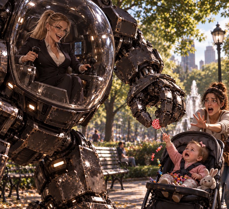 Grinning businesswoman piloting a giant mech holds a lollipop out to a crying baby as its panicked mother reacts.