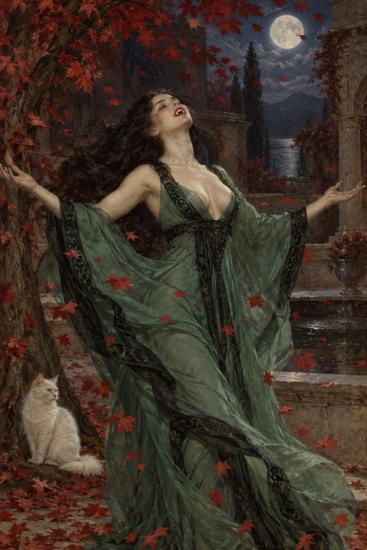 Ecstatic woman in a flowing green gown catches falling red maple leaves beside a white cat under a full moon