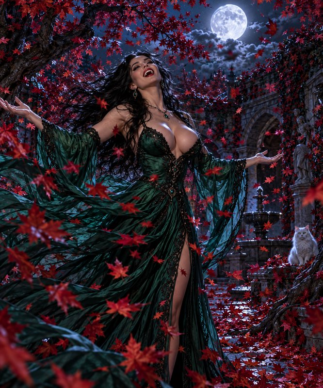 Glamorous raven-haired vampire woman in an emerald gown stands with arms out as red maple leaves fall under a full moon