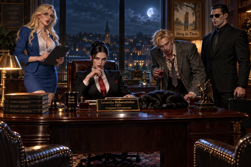 Vampire executive team gathered around a CEO desk in a moonlit luxury office at night