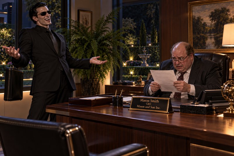 Grinning suited vampire with a floating briefcase gestures as a confused CEO reads a paper in a luxury executive office