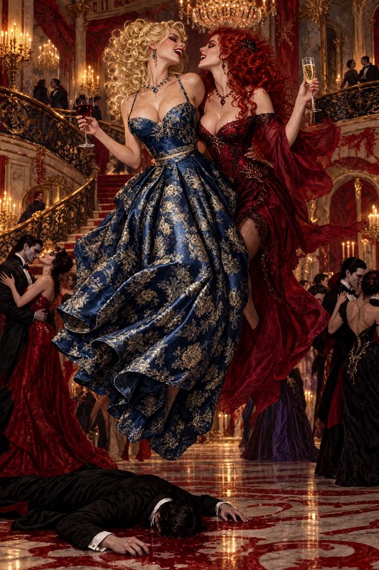 Two laughing elegant vampire women float above a lavish gilded ballroom with a bloodstained marble floor