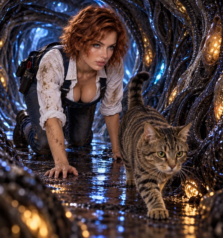 Red haired explorer crawls alongside a tabby cat through a glowing organic alien tunnel