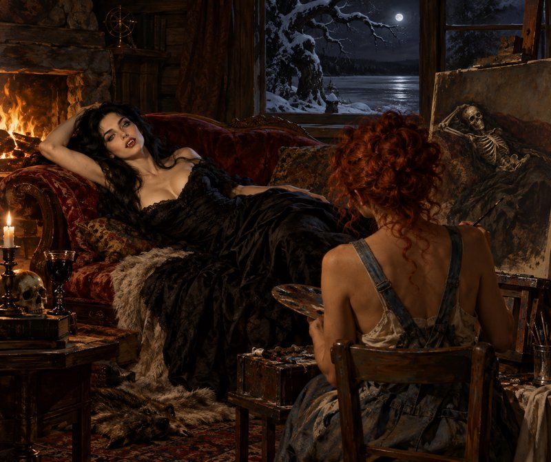 Red-haired artist paints a reclining gothic model in a warm cabin on a snowy moonlit night
