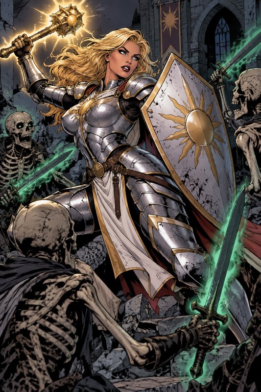 Blonde armored holy paladin fights undead skeletons with a glowing mace and sun crest shield in a ruined castle