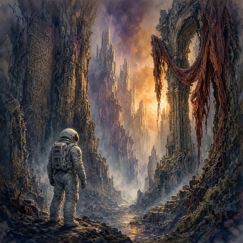 Lone astronaut stands gazing across a misty valley of towering ancient alien ruins at sunset