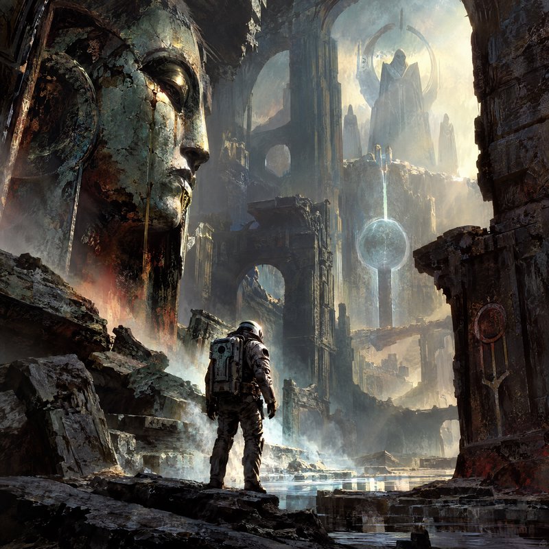 Lone astronaut stands surveying colossal ancient alien temple ruins beside a giant weathered stone head statue