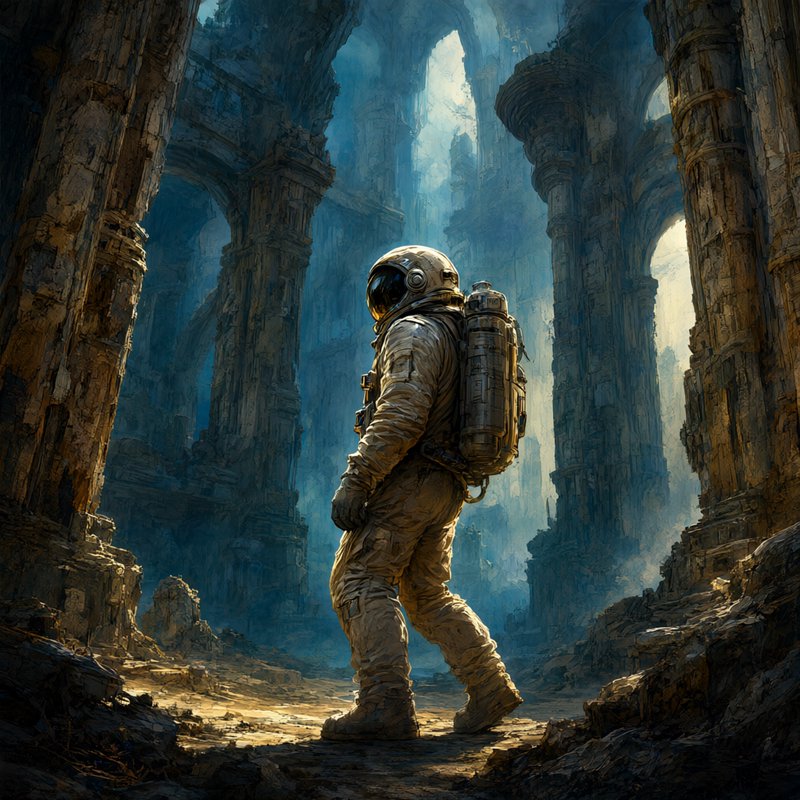 Lone astronaut in a weathered spacesuit walks through towering crumbling ancient alien ruins