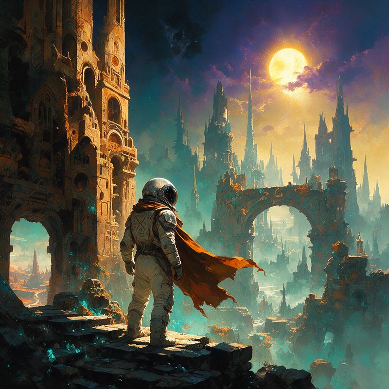 Astronaut wearing a tattered orange cape stands on ancient alien ruins overlooking a glowing gothic fantasy city