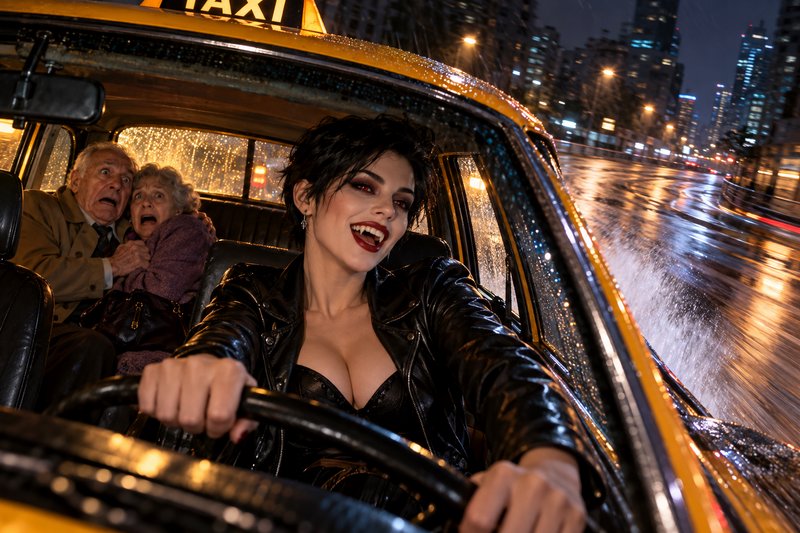 Grinning female vampire taxi driver speeds through rainy night city, as terrified elderly passengers huddle in the backseat