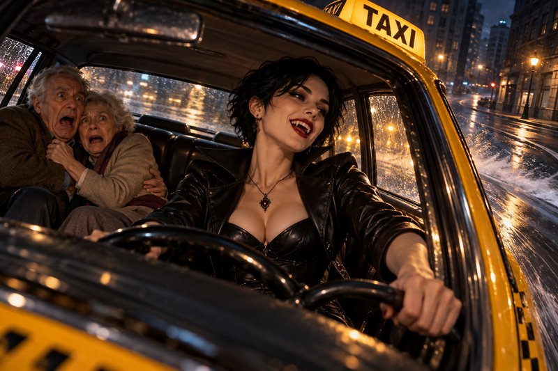 Grinning fanged vampire taxi driver carries terrified elderly passengers in a rainy night city yellow cab