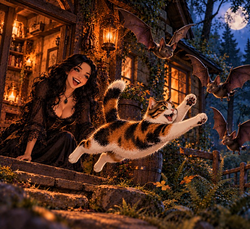 Smiling young witch watches a playful leaping calico cat chase bats outside a moonlit forest cottage
