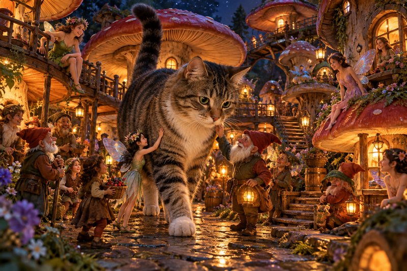 Giant tabby cat walks through a glowing mushroom village surrounded by friendly fairies and gnomes at dusk