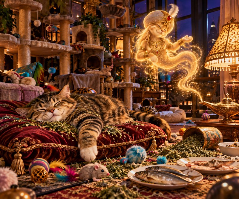 Sleeping tabby cat rests as a glowing feline genie rises from a golden magic lamp in a cozy cat-filled penthouse