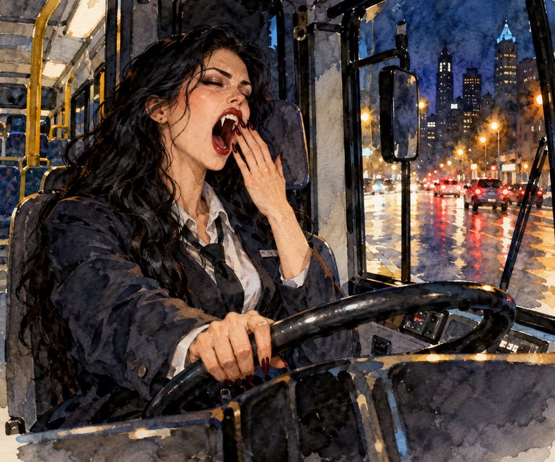 Yawning vampire bus driver sits at the wheel of a city bus on a rainy night
