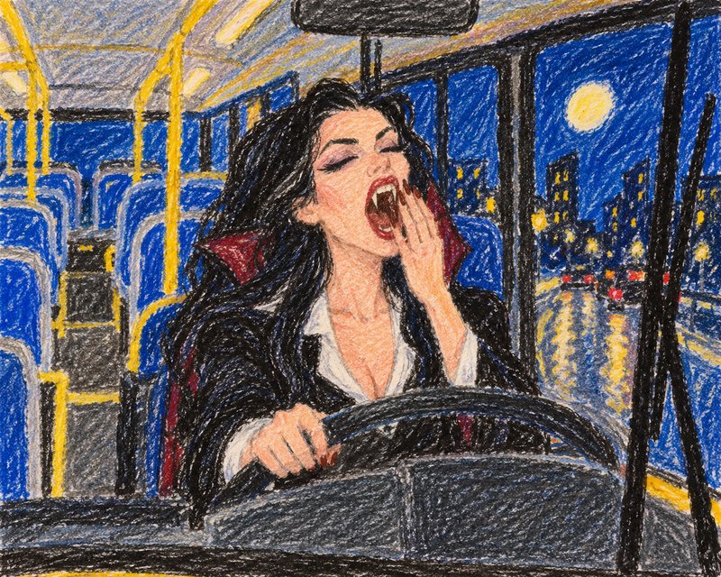 Glamorous female vampire bus driver yawning while driving a city bus at night