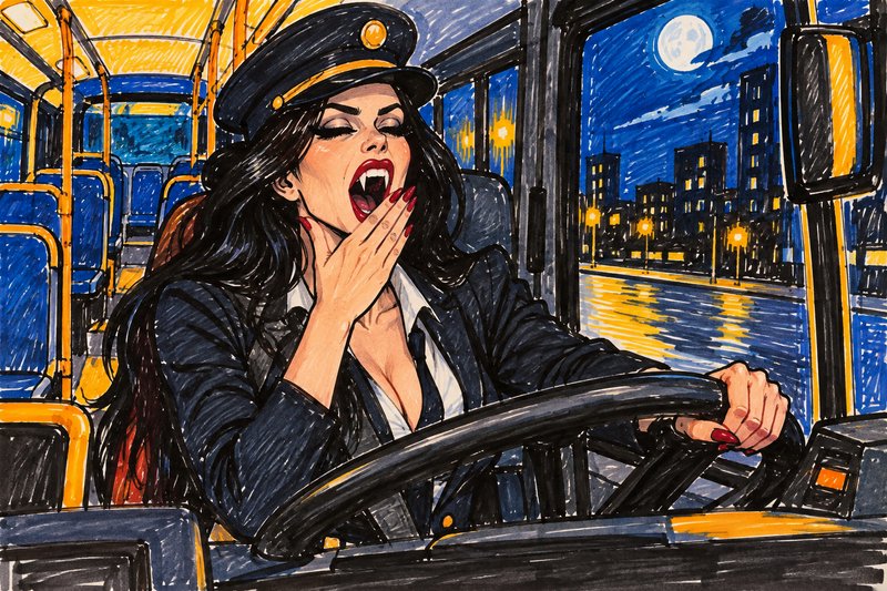 Yawning female vampire bus driver sits at the wheel of a city bus on a moonlit night