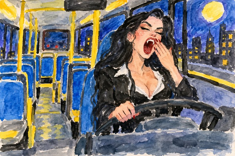 Female vampire bus driver yawning widely while at the wheel of an empty night city bus