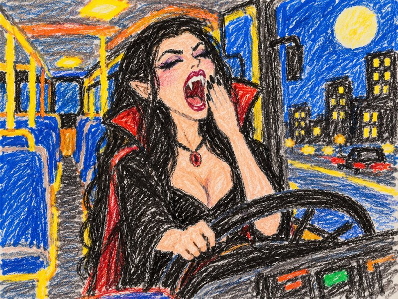 Yawning female vampire driving a city bus through a moonlit downtown at night