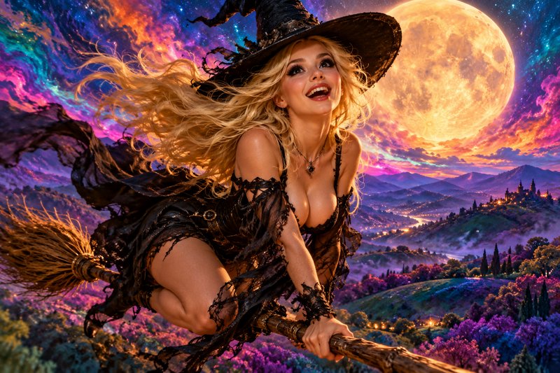 Joyful blonde witch flying on a broomstick beneath a glowing full moon and vibrant cosmic sky