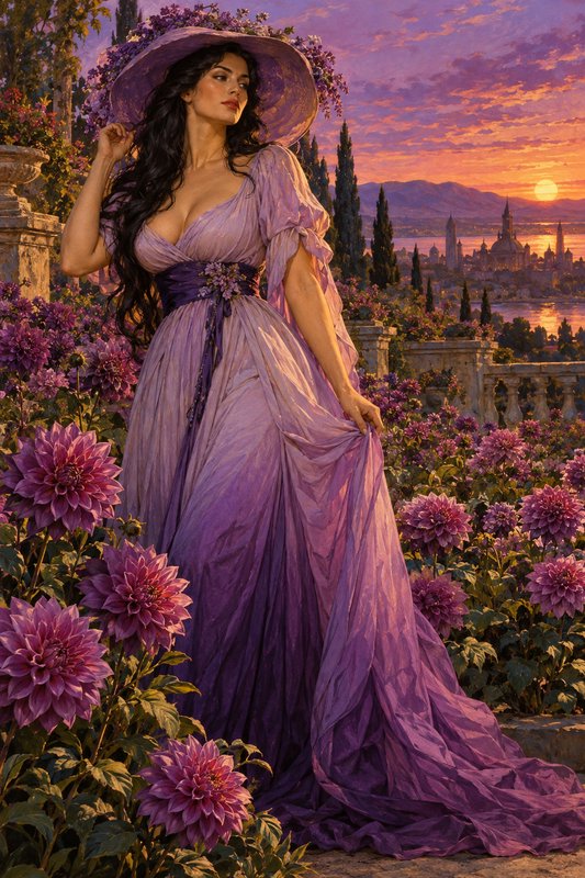 Elegant woman in a flowing purple gown and wide hat stands in a dahlia garden overlooking a fantasy city at sunset