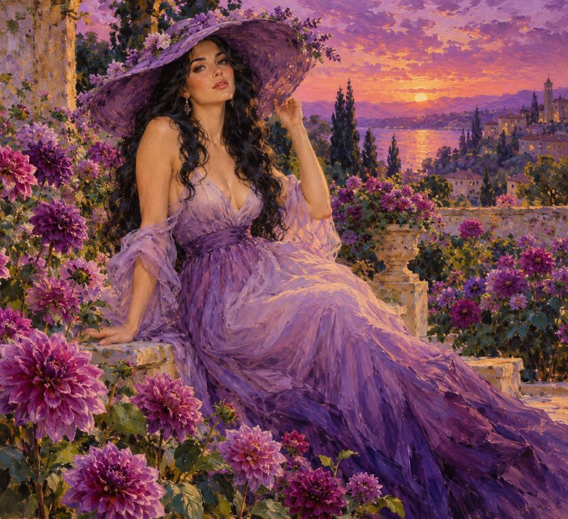 Elegant woman in a purple gown and wide hat sits in a dahlia garden overlooking a Mediterranean sunset