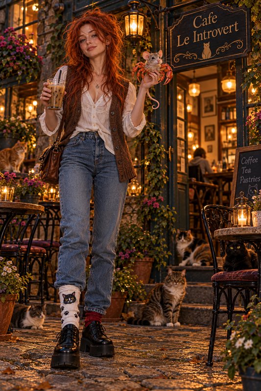 Red haired woman holds iced coffee and a crab-riding mouse outside a cozy cat cafe at dusk
