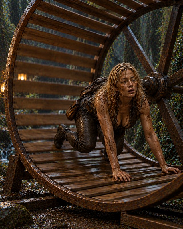Exhausted mud-covered woman crawls across a giant wooden hamster wheel in an overgrown wet forest