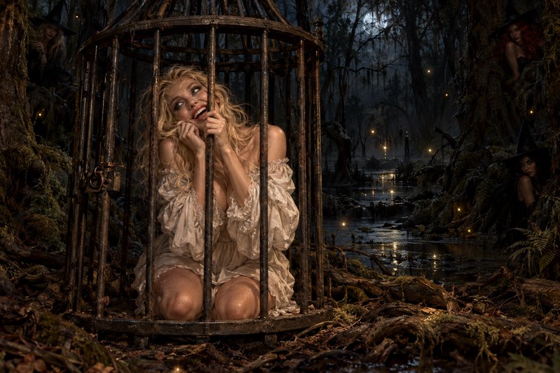Frightened blonde woman kneels inside a rusted iron cage in a moonlit swamp as witches watch from the treeline