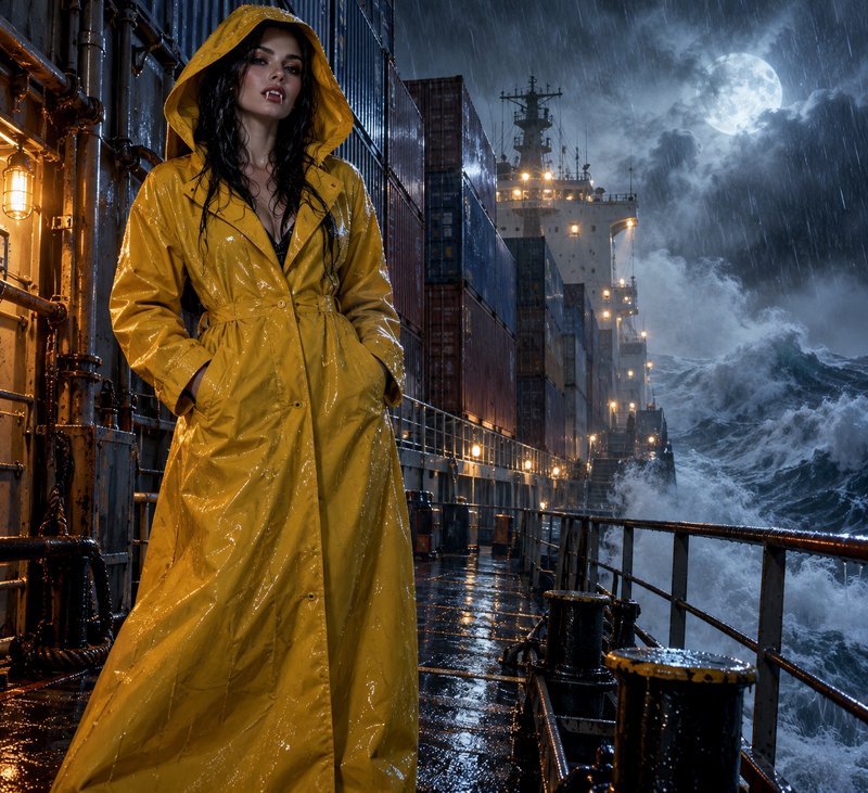 Vampire woman in a long yellow raincoat stands on a storm-tossed cargo ship deck under a full moon