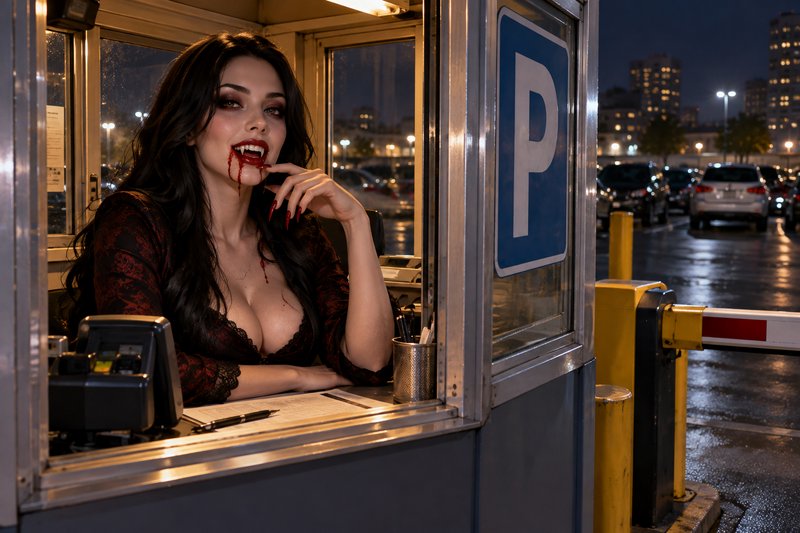 Vampire parking attendant with blood on her fangs sits inside a lit toll booth at a wet night parking lot
