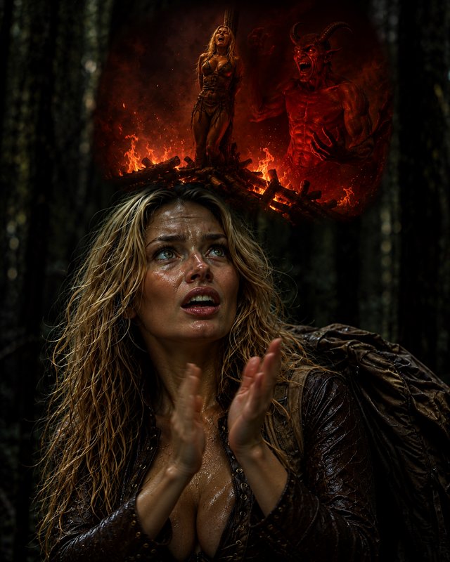 Distressed blonde woman prays in a dark forest as a fiery vision of a demon and burning stake appears above her
