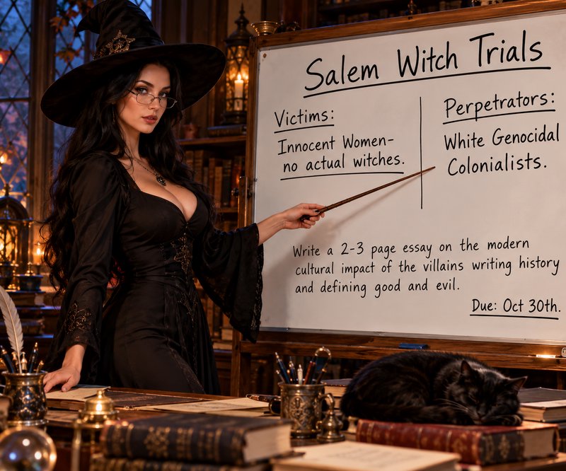 Witch professor points to a Salem Witch Trials lesson whiteboard in a cozy candlelit study.