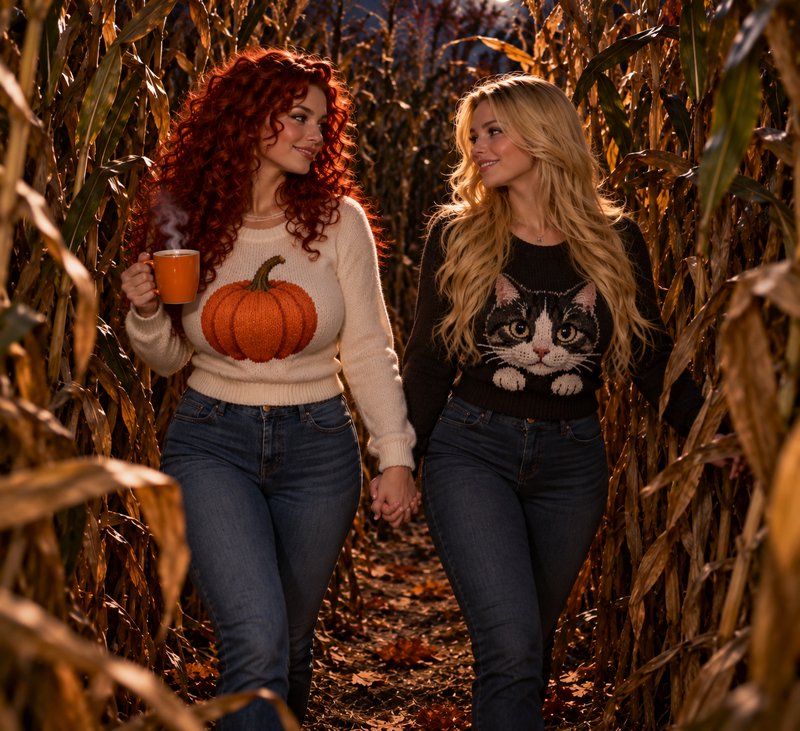 Two women in festive fall sweaters hold hands walking through a sunlit autumn corn maze