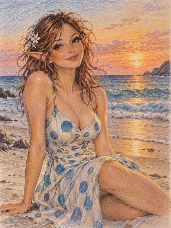 Smiling elf woman with pointed ears sits on a sandy beach at warm golden sunset