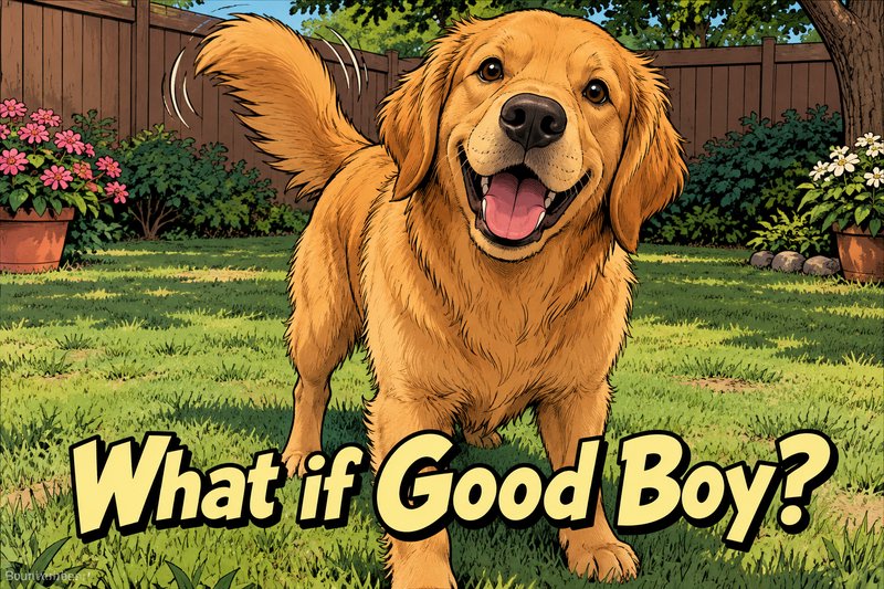 Excited wagging golden retriever with "What if Good Boy?" meme text in a sunny residential backyard