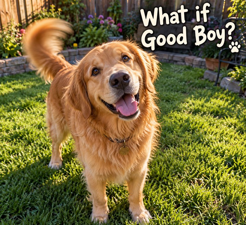 Smiling fluffy golden retriever stands on sunlit backyard grass with playful "What if Good Boy?" text overlay.