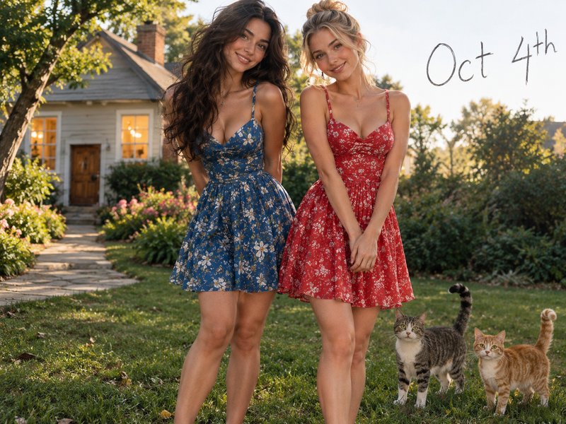 Two women in floral mini dresses stand on a cottage lawn with two tabby cats, October 4th text in the corner