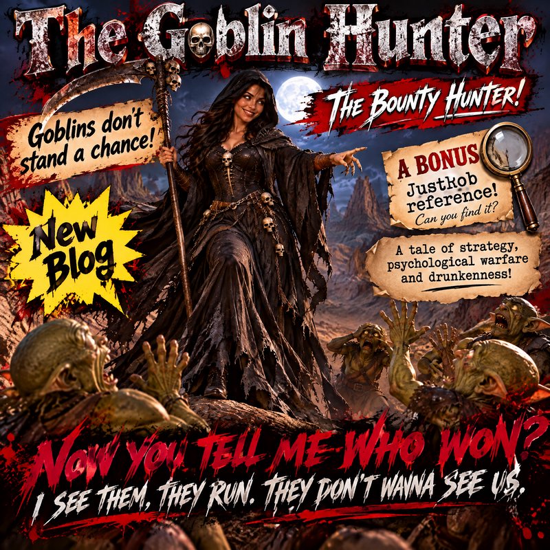 Hooded female goblin hunter with a scythe stands over panicking goblins in a grim fantasy blog pr...