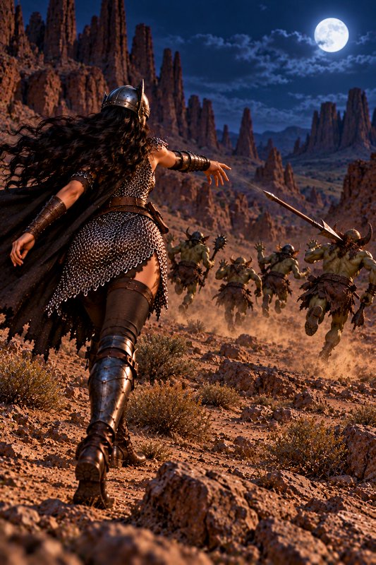 Female viking shieldmaiden throws a spear at fleeing orc warriors in a moonlit desert canyon