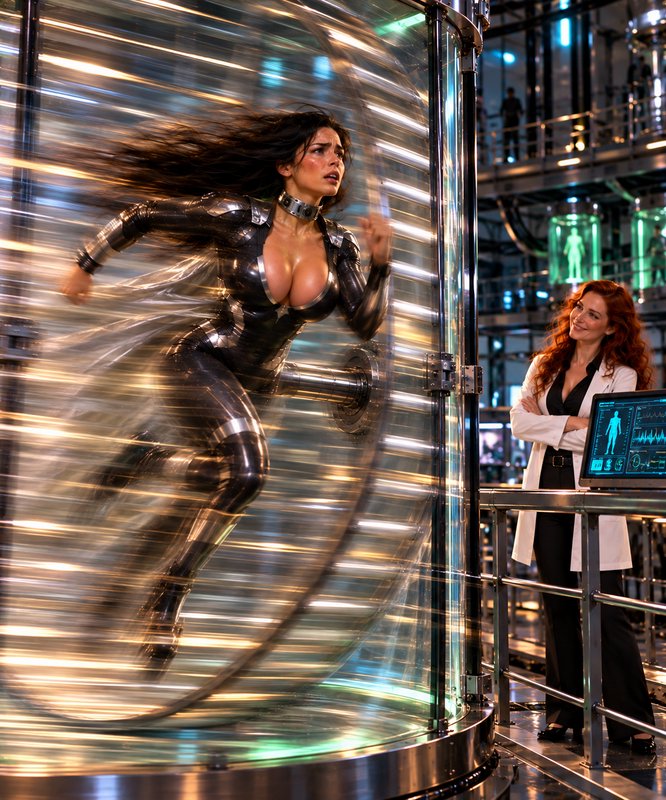 Speedster super soldier runs at extreme velocity inside a transparent test chamber while a lab re...