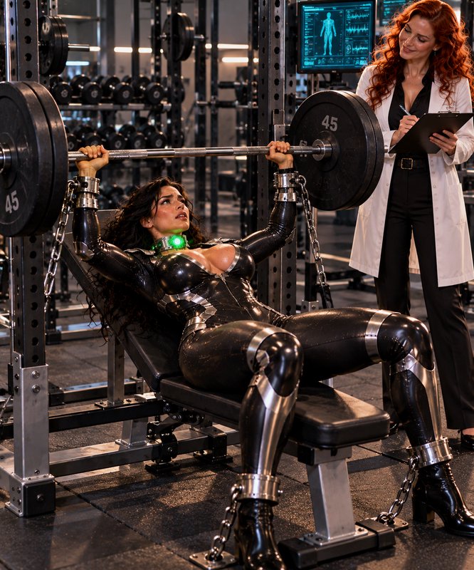 Cybernetically enhanced woman bench presses a heavy barbell while a researcher takes notes in a futuristic gym