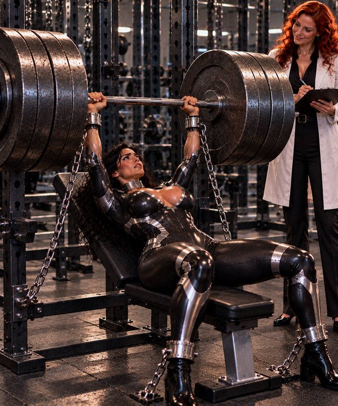 Armored futuristic woman lifts a heavily loaded barbell on a gym bench as a researcher takes notes nearby