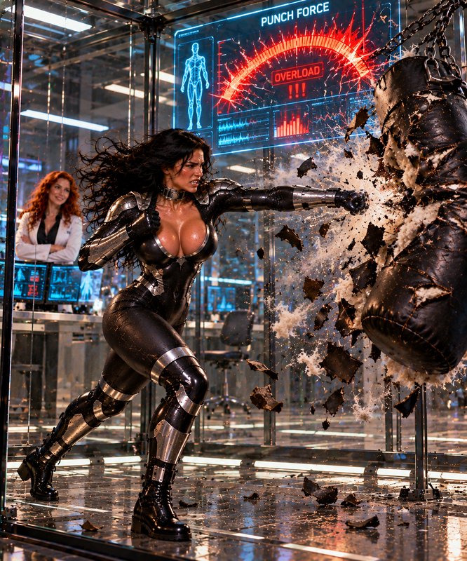 Armored super soldier punches a punching bag apart as a lab researcher observes in a futuristic test chamber