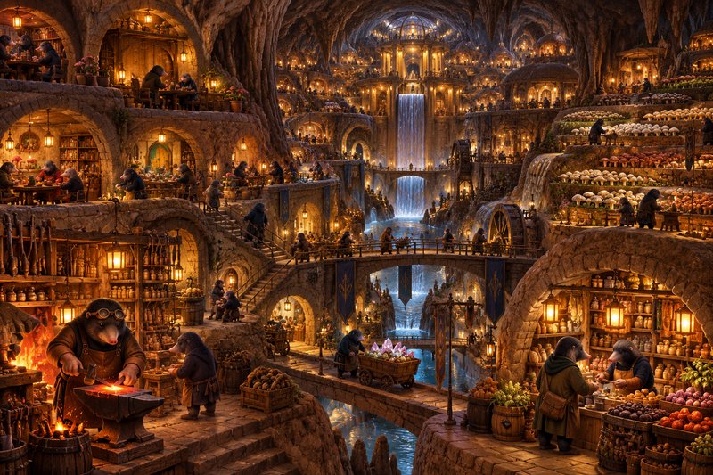 Anthropomorphic mole villagers live and work in a sprawling warm underground cave city with waterfalls and market stalls