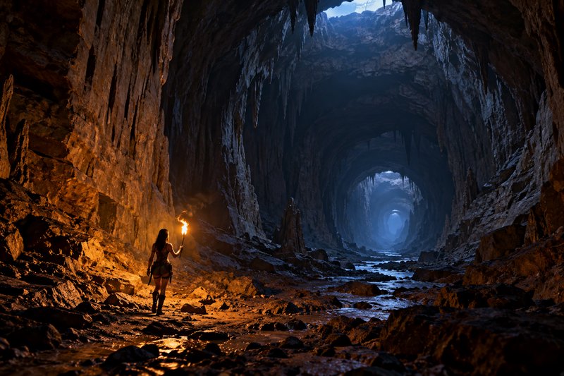 Lone female explorer holding a torch stands inside a vast winding underground cave tunnel